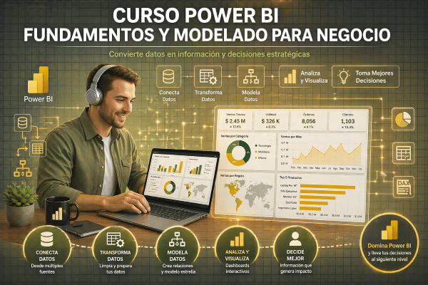 Profesional analizando paneles de datos en Power BI, representando curso de fundamentos y modelado para negocio